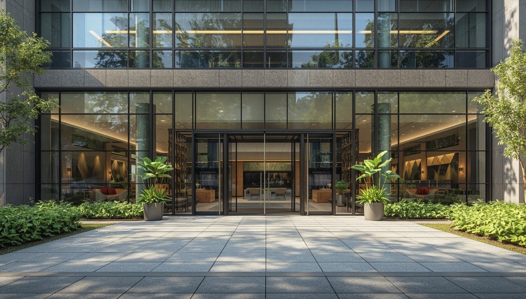 Moderne zakelijke entree van een kantoorcentrum met glazen wanden